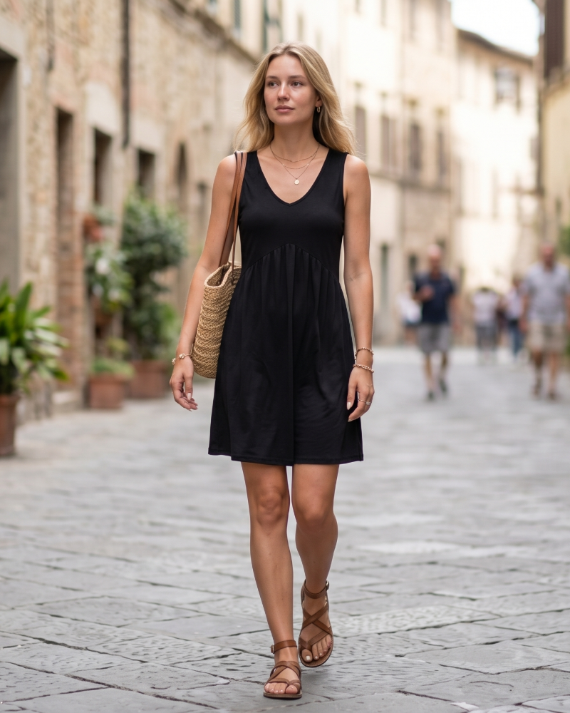 Vestaglia Midi Freya Donna Estate – Scollo a V Senza Maniche Plissettata con Tasche