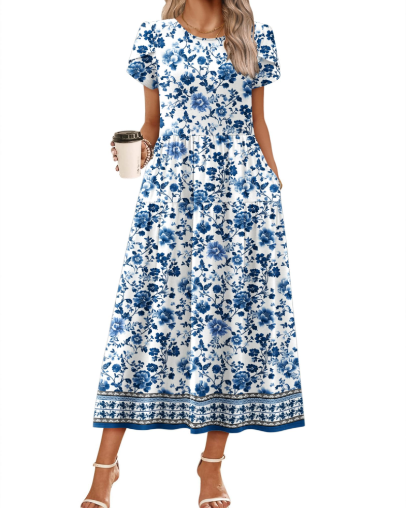 Abito Maxi Bohemien Olivia da Donna – Abito Lungo Floreale con Taglio A e Tasche