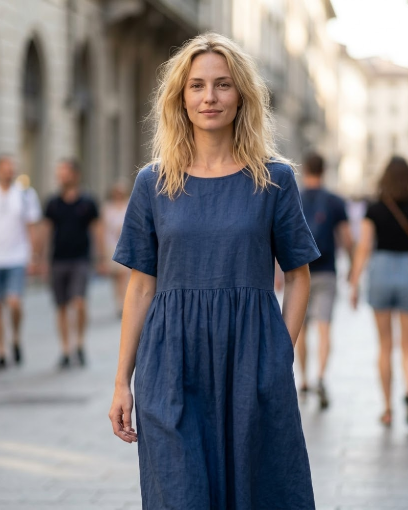 Camélia Abito Lungo in Lino Donna – Abito Bohemien Ampio con Maniche Corte e Tasche