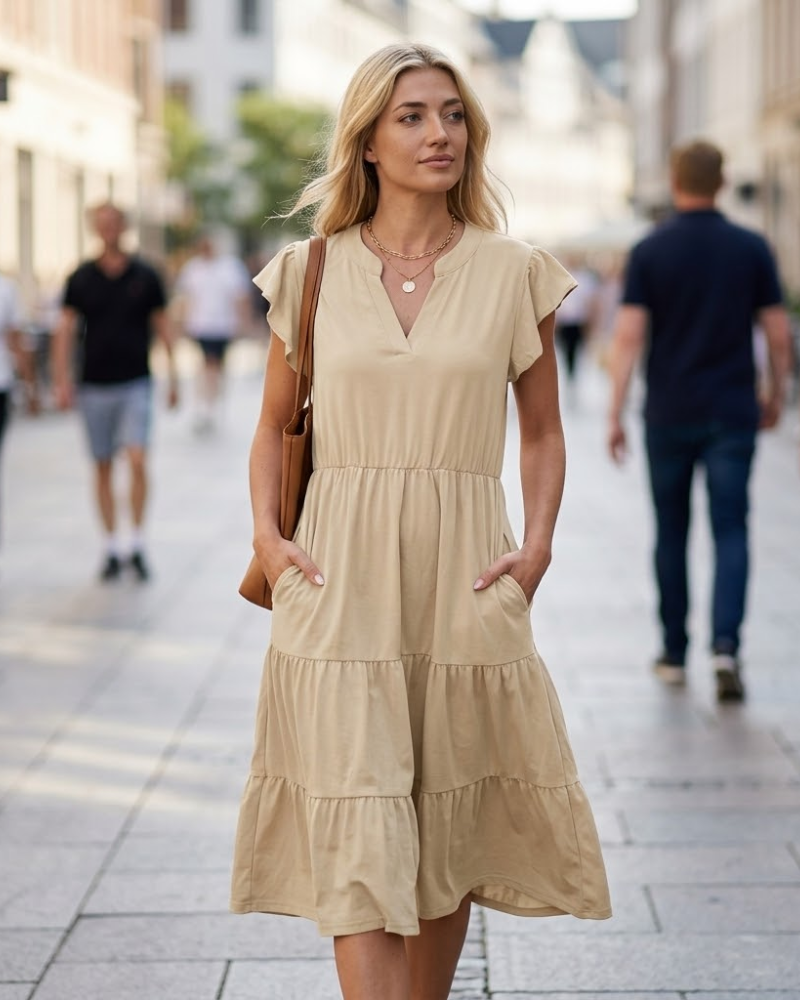Mila Abito Midi Donna – Abito Scollo a V con Volant Senza Maniche con Tasche Estate