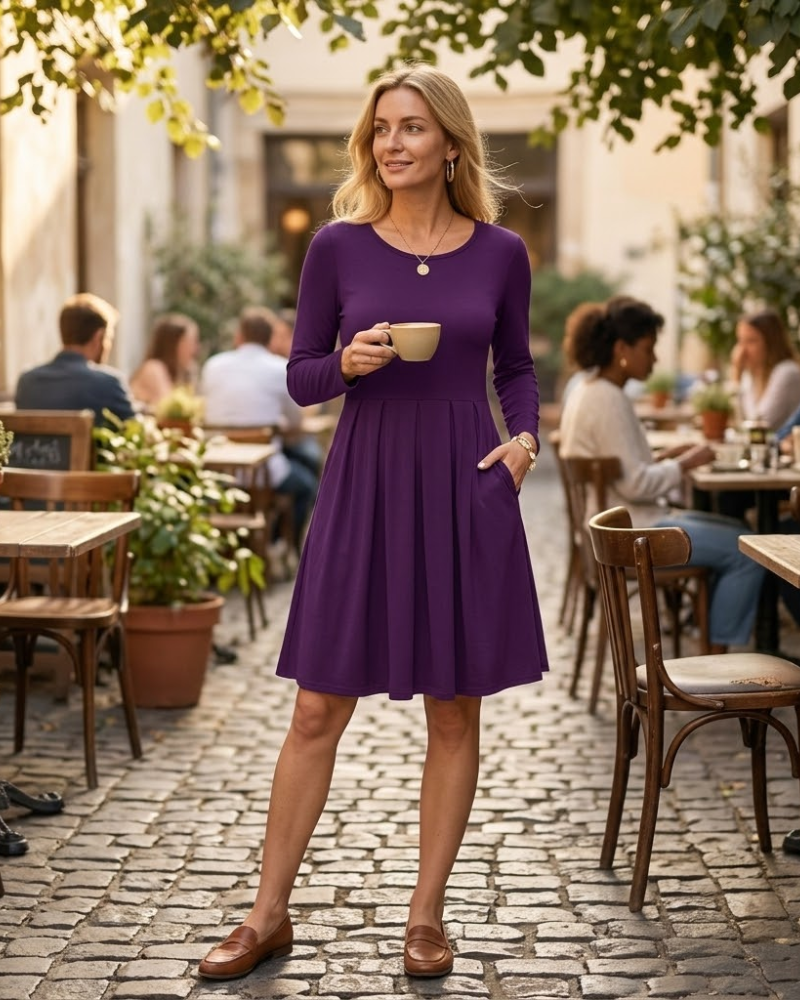 Sophie Abito Donna – Abito Maniche Lunghe Vita Alta Con Tasche Casual Chic