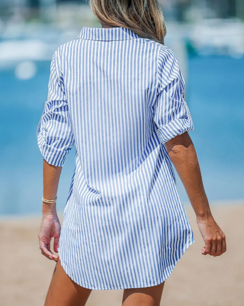 Elise Camicia Vestito Donna – A Righe Collo a V Maniche Lunghe con Bottoni