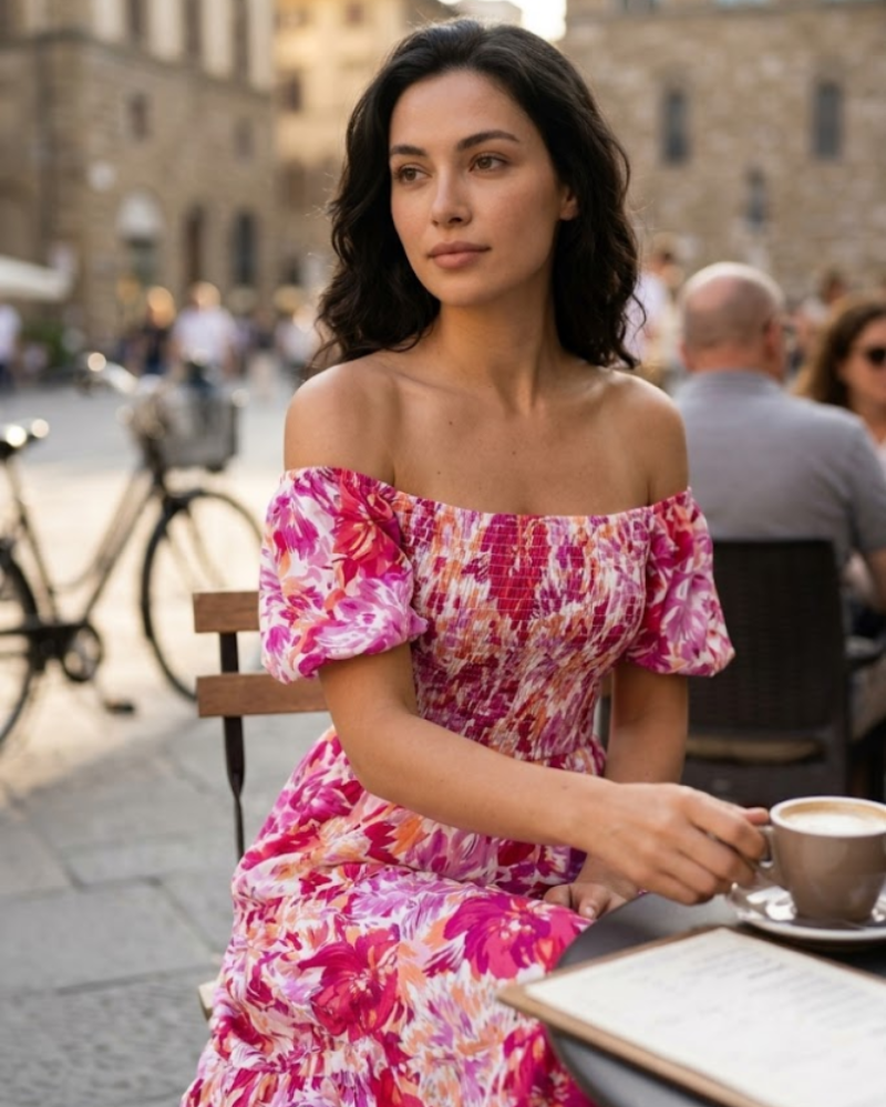 Juanna Abito Midi Donna Estate – Abito con Scollo Quadrato Arricciato, Maniche a Sbuffo e Volant