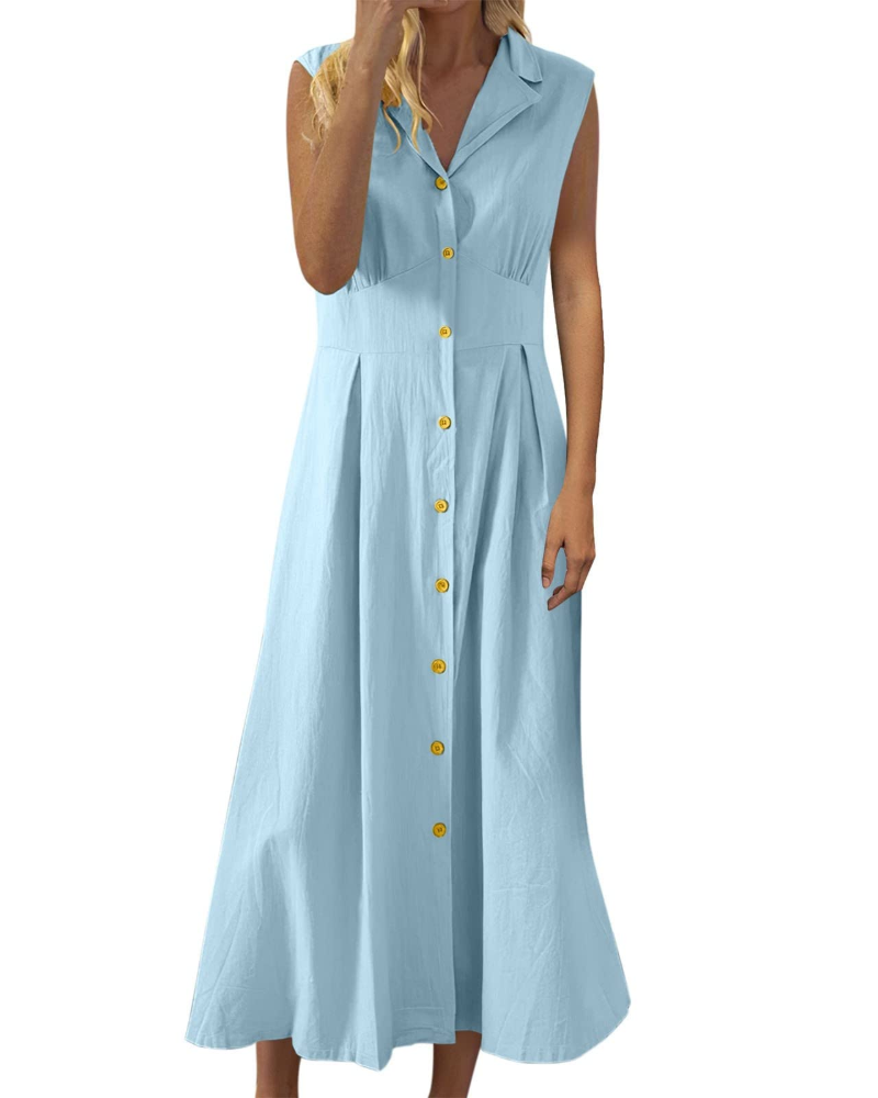 Vestito Estivo da Donna Avery – Lino Cotone Senza Maniche con Bottoni Stile Bohemien
