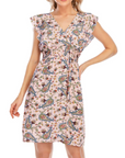 Abito Mini Celeste da Donna – Mousseline Floreale con Scollo a V e Volant Rosa