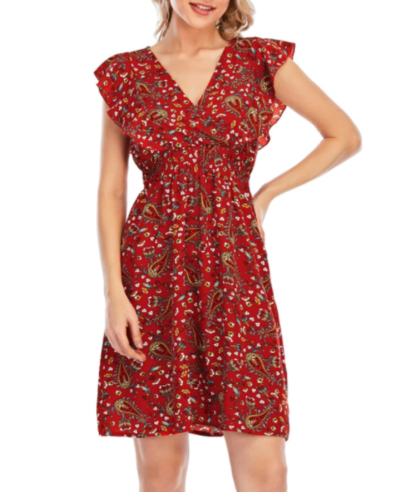 Vestito Mini Ada da Donna – Mousseline Floreale con Scollo a V e Volant Rosso