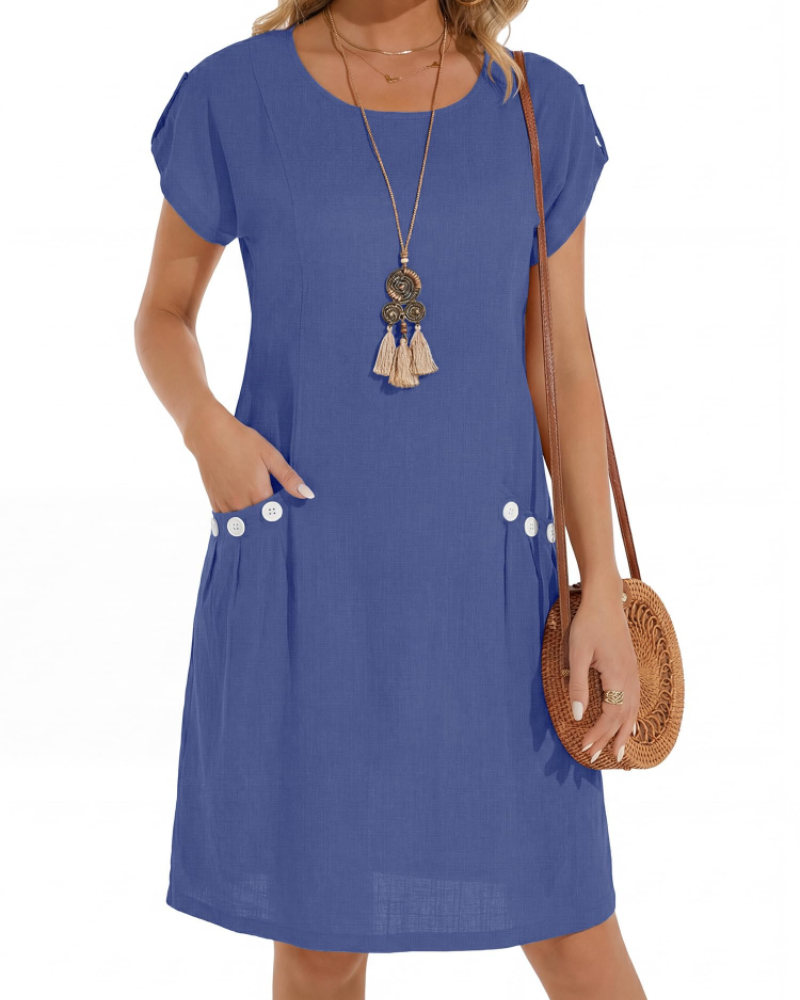 Joyce Vestito Lin Femme – Vestito Midi A-Line Collo Tondo Tasche Estate Casual