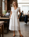 Abito Midi da Donna Abigail – Cotone con Scollo a V, Volant e Tasche