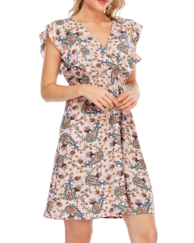 Abito Mini Celeste da Donna – Mousseline Floreale con Scollo a V e Volant Rosa