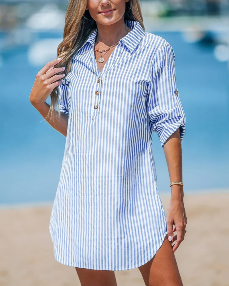 Elise Camicia Vestito Donna – A Righe Collo a V Maniche Lunghe con Bottoni