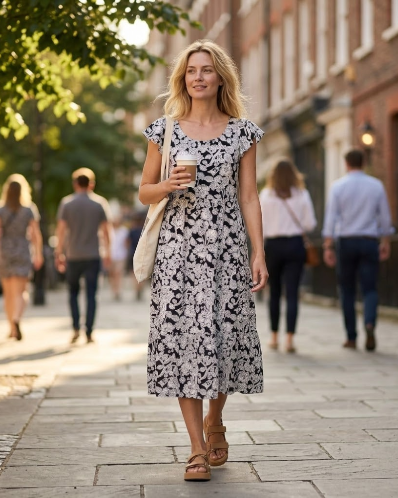 Vestito midi da donna Lucie in cotone satinato – Vestito volanté con collo rotondo