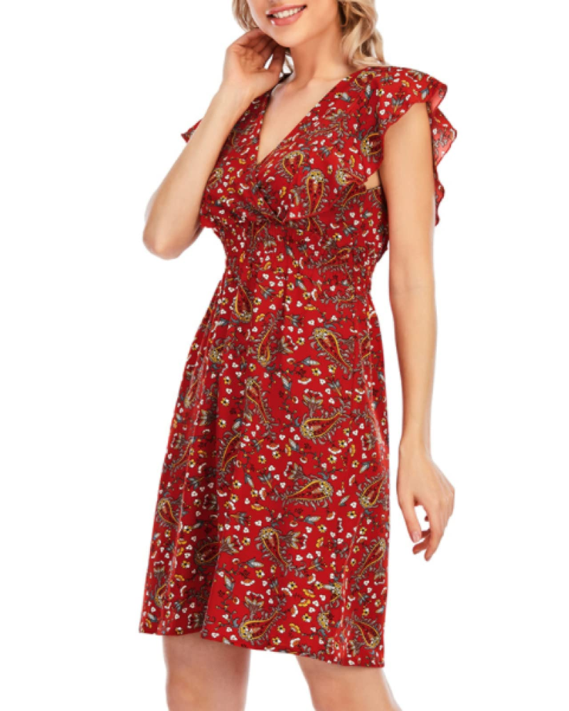 Vestito Mini Ada da Donna – Mousseline Floreale con Scollo a V e Volant Rosso