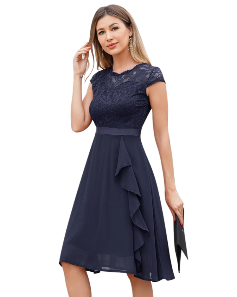 Abito Cocktail Donna Roxy – Abito Midi Elegante in Pizzo e Chiffon con Volant