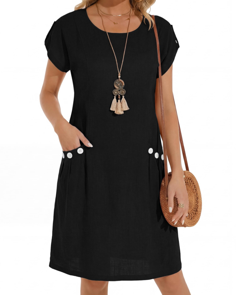 Joyce Vestito Lin Femme – Vestito Midi A-Line Collo Tondo Tasche Estate Casual