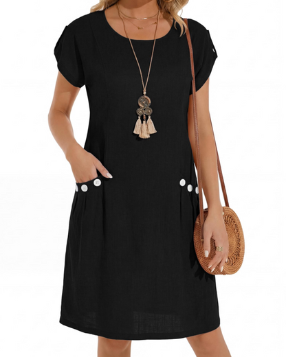Joyce Vestito Lin Femme – Vestito Midi A-Line Collo Tondo Tasche Estate Casual
