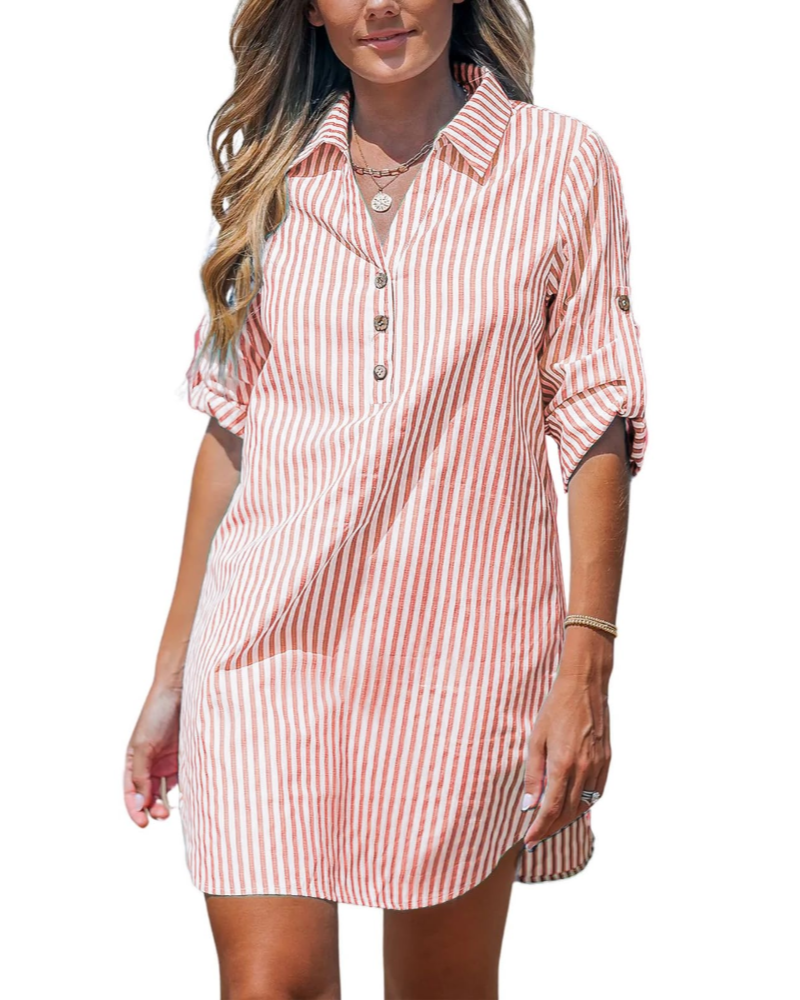 Elise Camicia Vestito Donna – A Righe Collo a V Maniche Lunghe con Bottoni