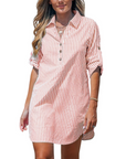 Elise Camicia Vestito Donna – A Righe Collo a V Maniche Lunghe con Bottoni