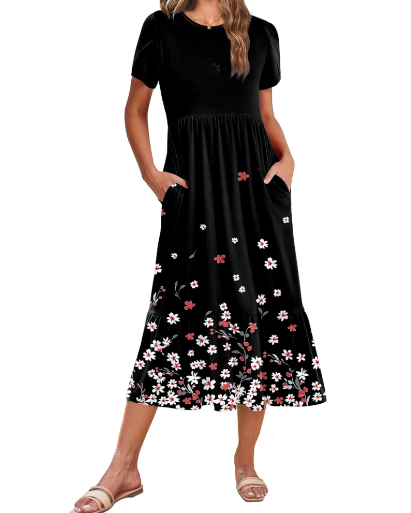 Vestito Midi Emily da Donna con Volant – Abito Estivo Svasato a Vita Alta con Tasche