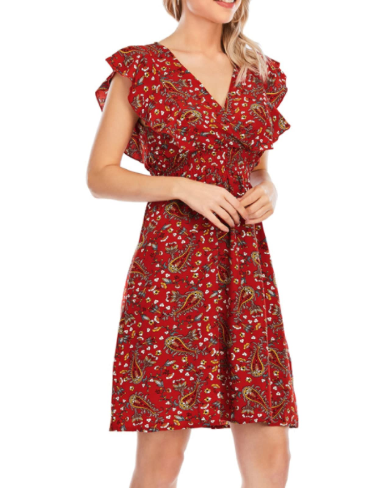 Vestito Mini Ada da Donna – Mousseline Floreale con Scollo a V e Volant Rosso