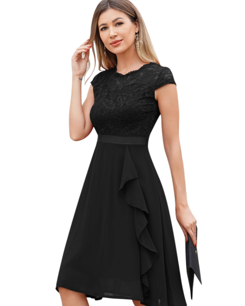Abito Cocktail Donna Roxy – Abito Midi Elegante in Pizzo e Chiffon con Volant