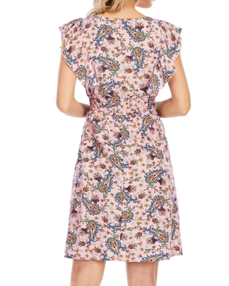 Abito Mini Celeste da Donna – Mousseline Floreale con Scollo a V e Volant Rosa