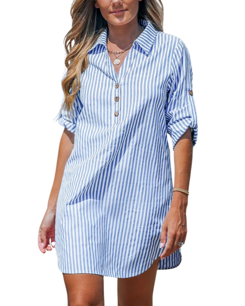 Elise Camicia Vestito Donna – A Righe Collo a V Maniche Lunghe con Bottoni