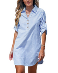 Elise Camicia Vestito Donna – A Righe Collo a V Maniche Lunghe con Bottoni