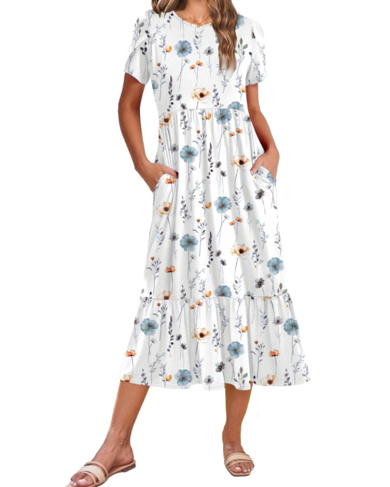 Vestito Midi Emily da Donna con Volant – Abito Estivo Svasato a Vita Alta con Tasche