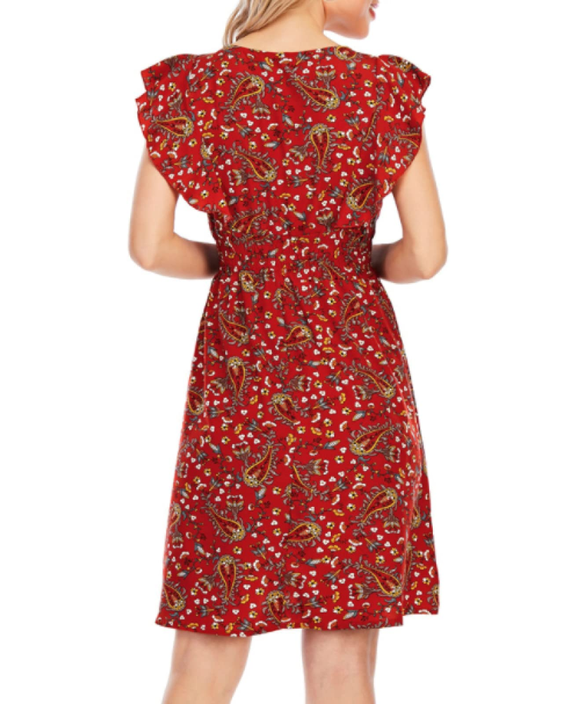 Vestito Mini Ada da Donna – Mousseline Floreale con Scollo a V e Volant Rosso