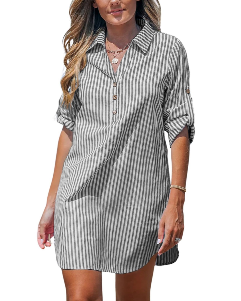 Elise Camicia Vestito Donna – A Righe Collo a V Maniche Lunghe con Bottoni