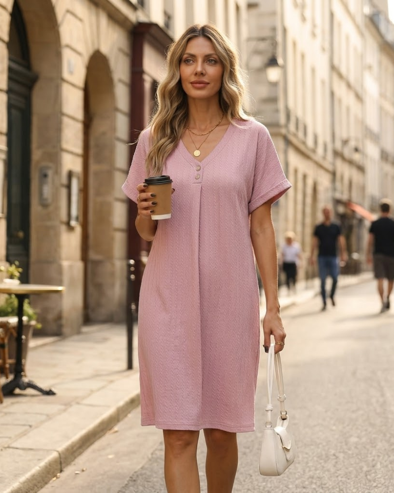 Camille Abito Corto Donna – Abito Scollo a V con Bottoni Taglio A-Line Estate Chic