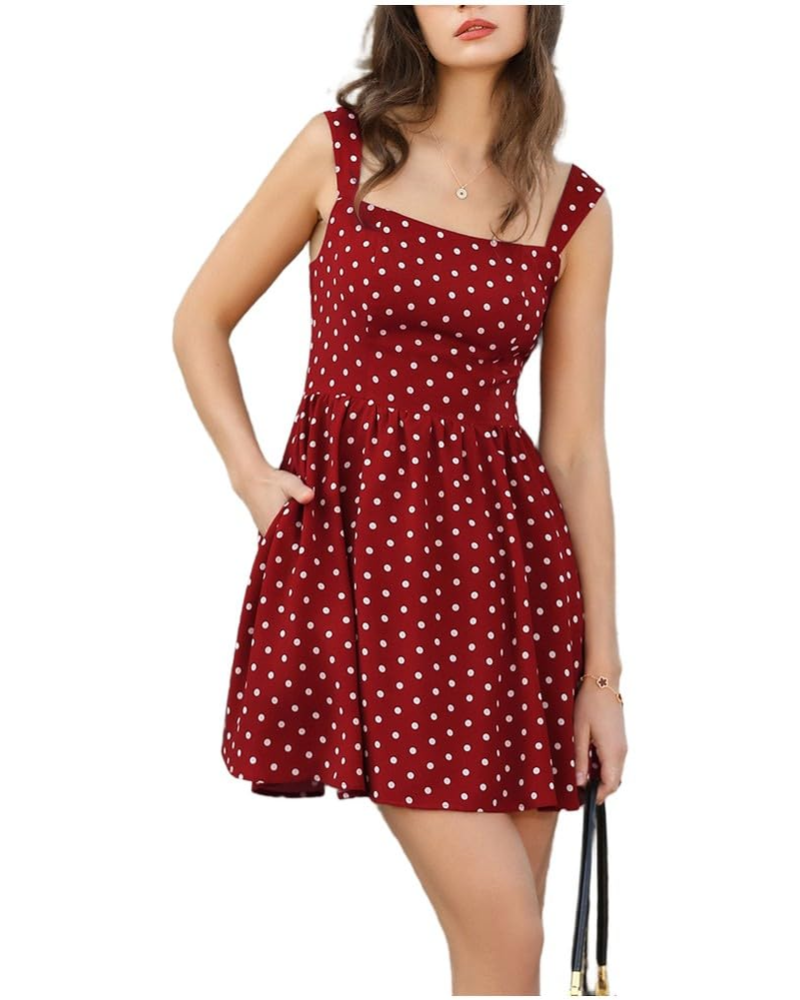 Vestito Mini Estivo Donna Clara – A Pois con Scollo Quadrato e Spalline Larghe