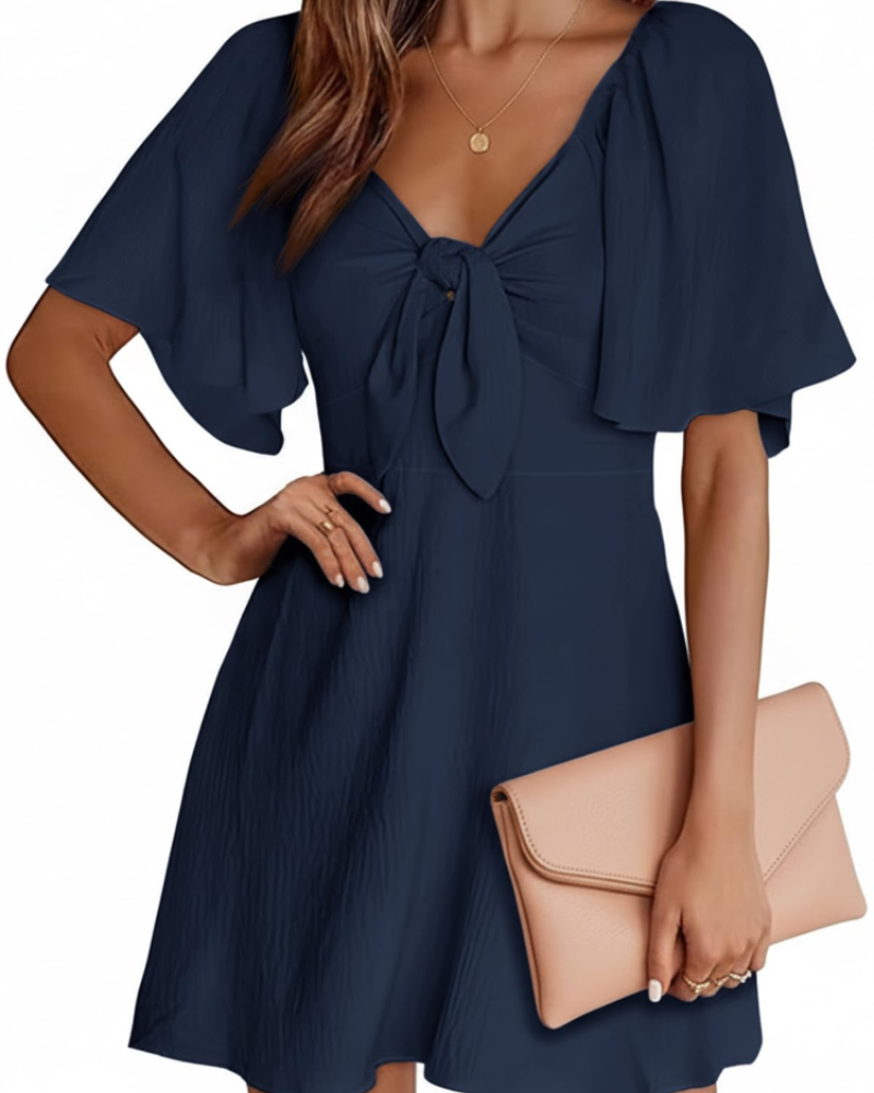 Vestito Mini Sloane Donna Estate – Scollo a V Profondo Maniche Corte e Fiocco