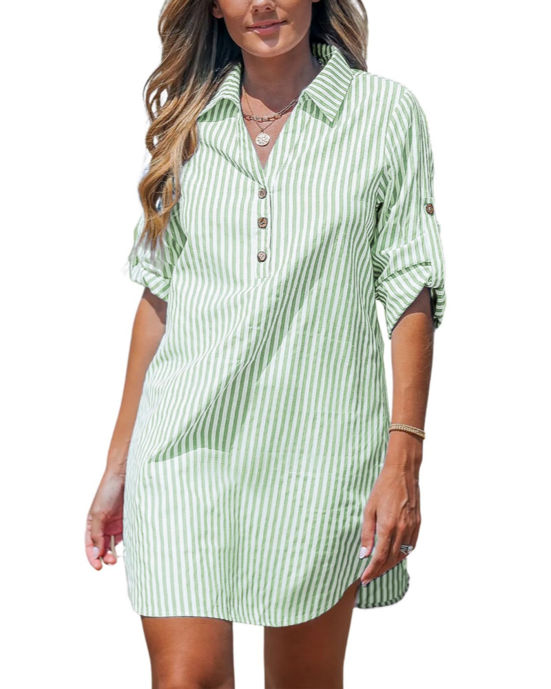 Elise Camicia Vestito Donna – A Righe Collo a V Maniche Lunghe con Bottoni