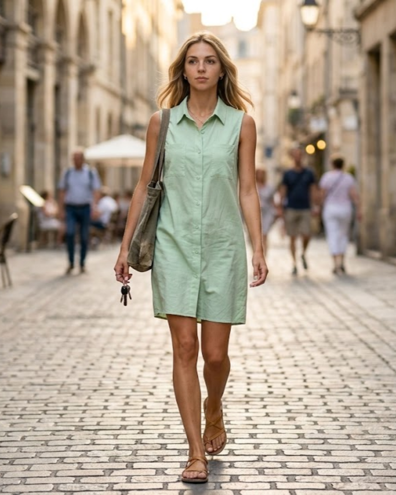 Vestaglia Midi Donna Estate – Scollo a V Senza Maniche con Bottoni