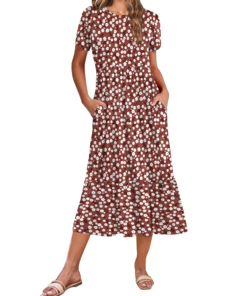 Vestito Midi Emily da Donna con Volant – Abito Estivo Svasato a Vita Alta con Tasche