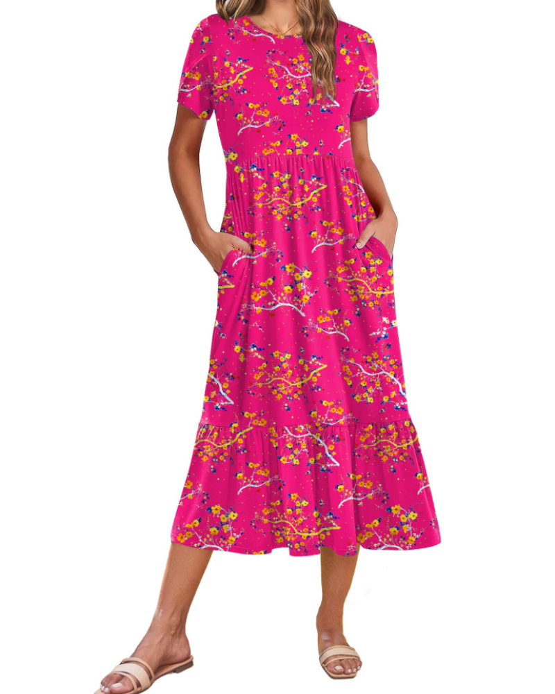Vestito Midi Emily da Donna con Volant – Abito Estivo Svasato a Vita Alta con Tasche