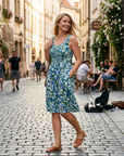 Vestito Midi Viola a Fiori da Donna – Abito Estivo Senza Maniche Plissettato con Tasche