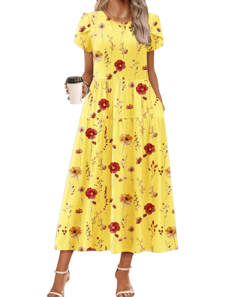 Abito Maxi Bohemien Olivia da Donna – Abito Lungo Floreale con Taglio A e Tasche