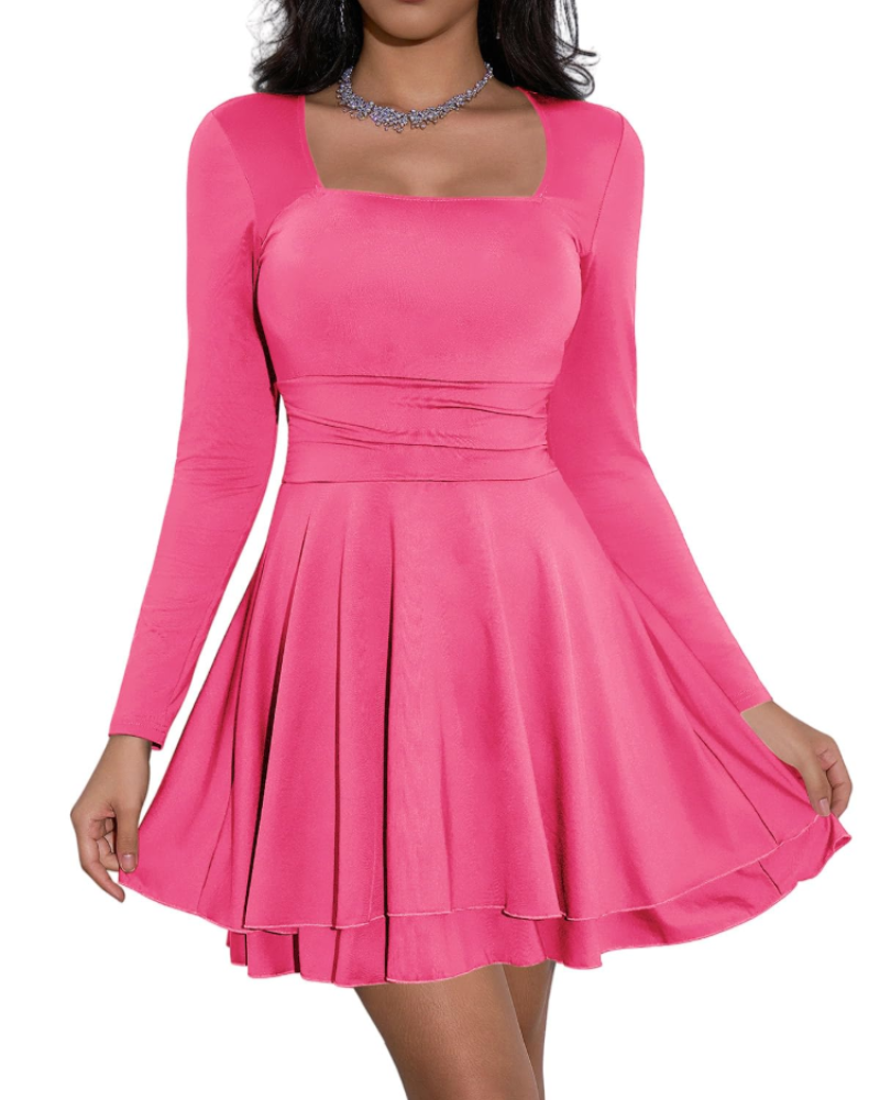 Vestito Mini Cicy Donna – Collo Quadrato, Maniche Lunghe, Corsetto e Volant