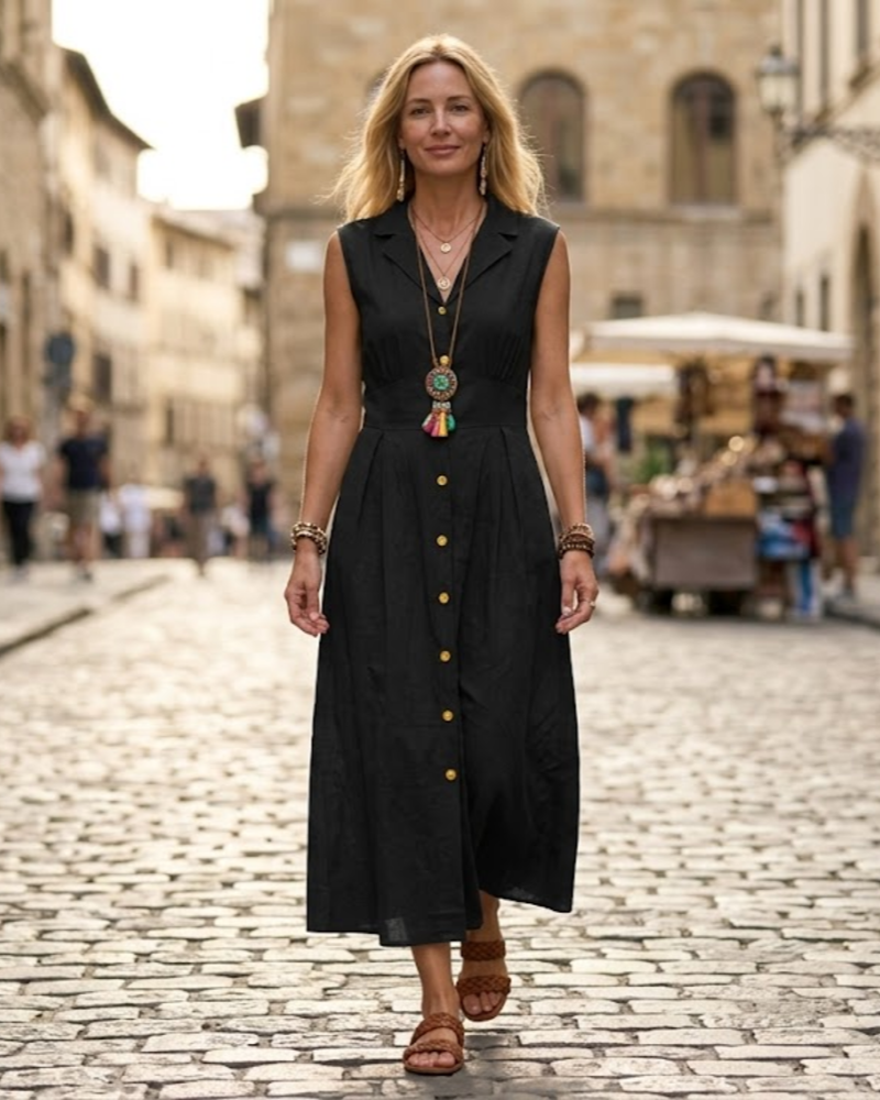 Vestito Estivo da Donna Avery – Lino Cotone Senza Maniche con Bottoni Stile Bohemien