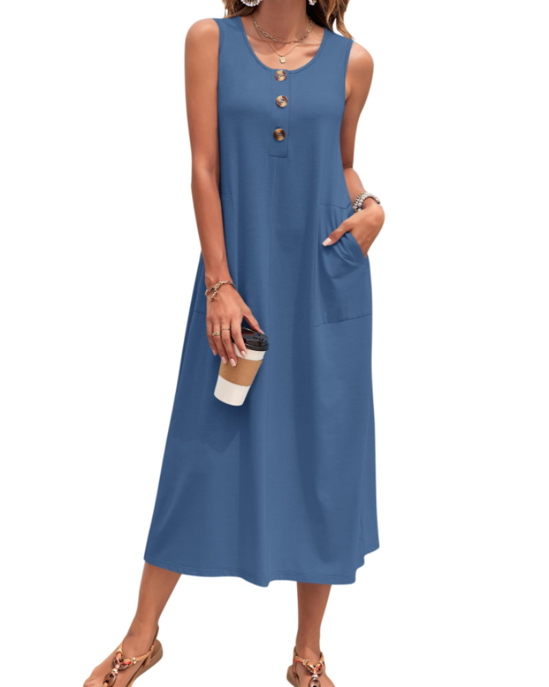 Julia Vestito Donna – Vestito Maxi A-Line Senza Maniche Con Bottoni E Tasche Estate Casual