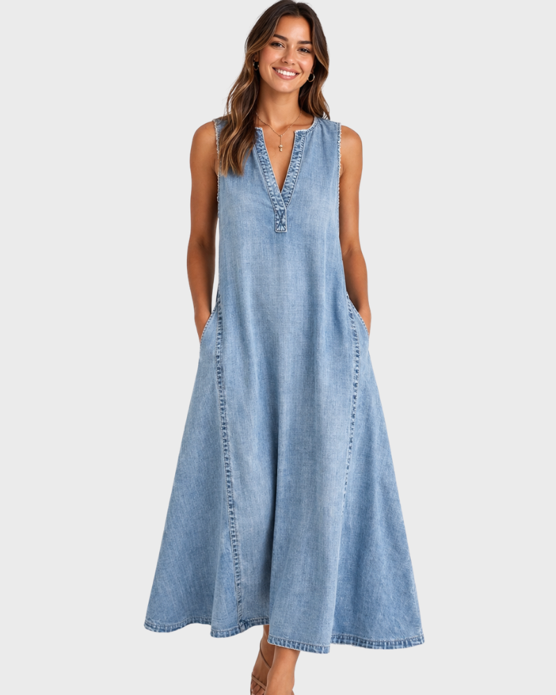 Vestito Donna Rochelle Senza Maniche – Denim Leggero, Scollo a V e Taglio Svasato Estivo