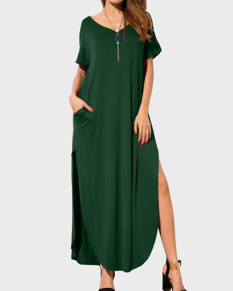 Rosenda Abito Maxi Donna – Scollo a V Maniche Corte, Taglio Fluido e Spacco con Tasche Estate