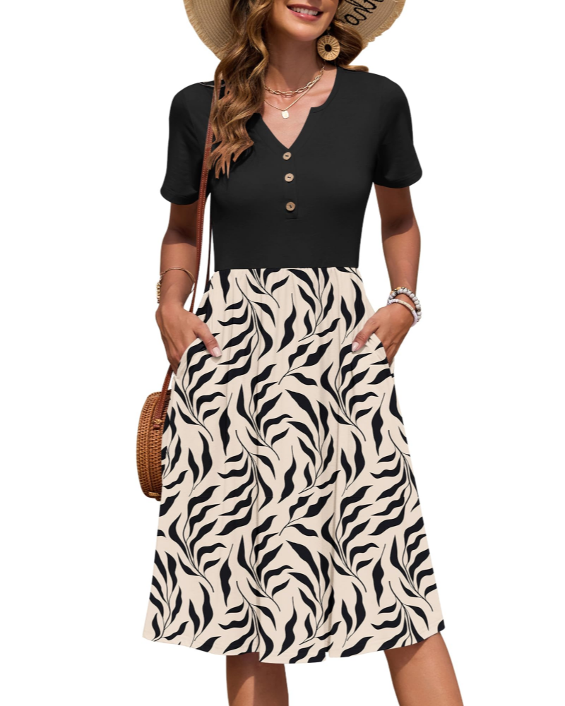 Vestito Donna Ester – Abito Estivo Midi con Scollo a V, Maniche Corte, Bottoni, Vita Impero, Tasche