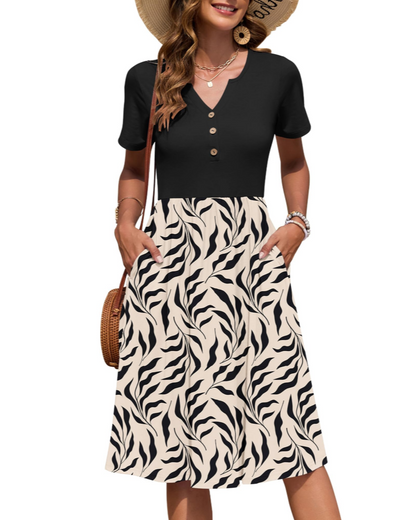 Vestito Donna Ester – Abito Estivo Midi con Scollo a V, Maniche Corte, Bottoni, Vita Impero, Tasche