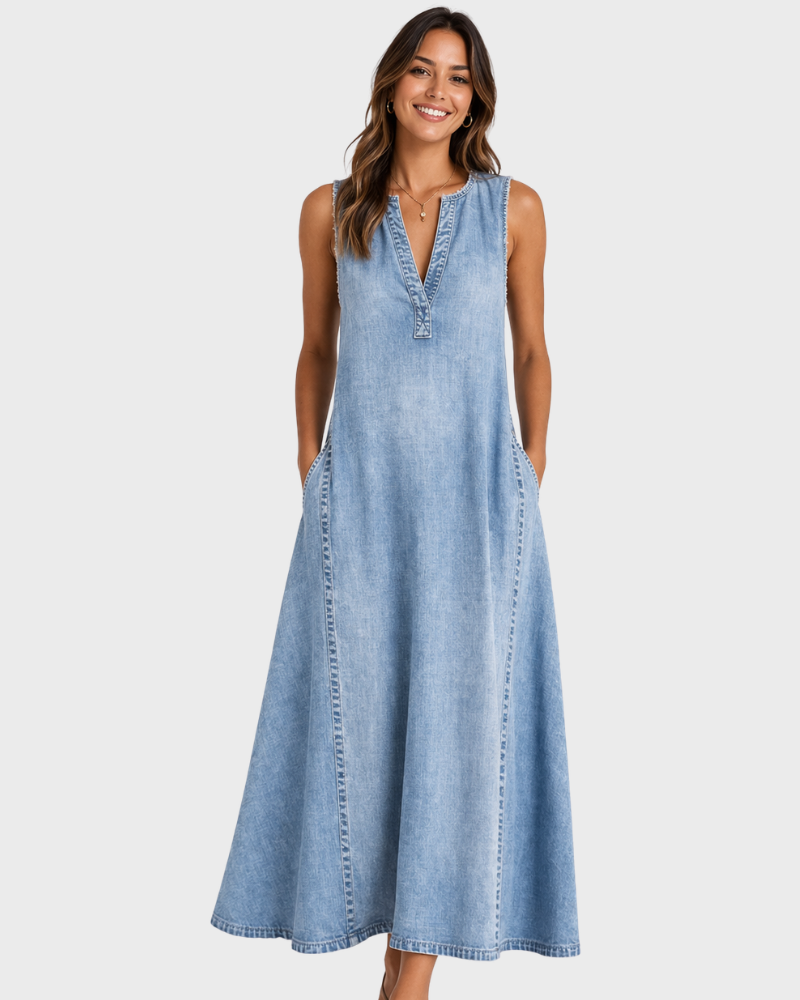 Vestito Donna Rochelle Senza Maniche – Denim Leggero, Scollo a V e Taglio Svasato Estivo