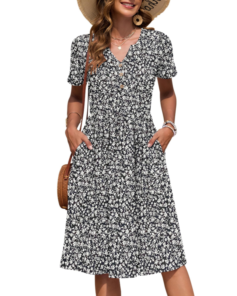 Vestito Donna Ester – Abito Estivo Midi con Scollo a V, Maniche Corte, Bottoni, Vita Impero, Tasche