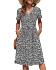 Vestito Donna Ester – Abito Estivo Midi con Scollo a V, Maniche Corte, Bottoni, Vita Impero, Tasche