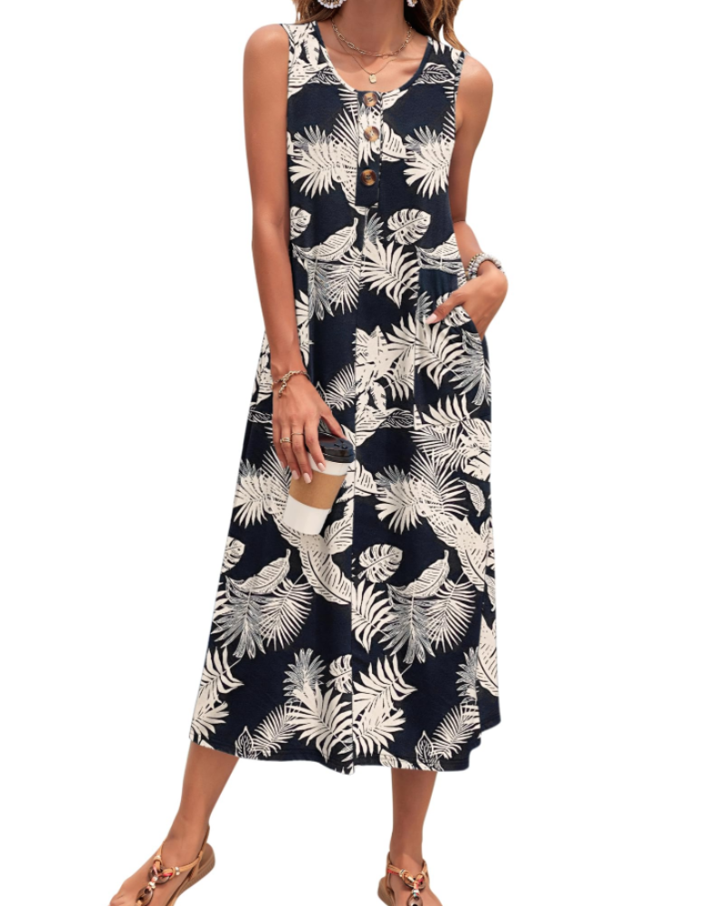 Julia Vestito Donna – Vestito Maxi A-Line Senza Maniche Con Bottoni E Tasche Estate Casual